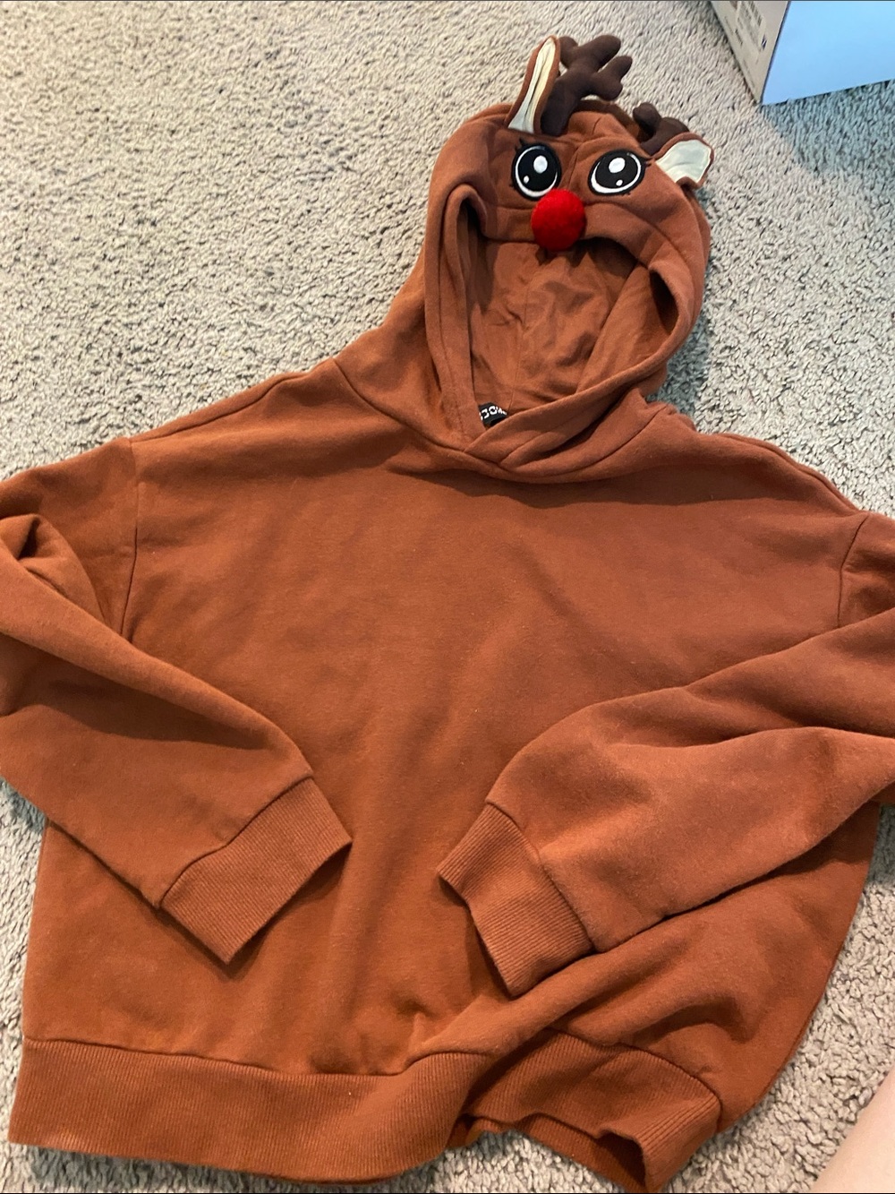 Reindeer Hooded Sweatshirt - Rust Brown with Red Nose